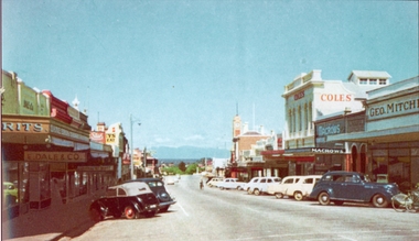 Photograph, Main Street Stawell looking West with Geo. Mitchell shop on the right c 1955 -- Coloured