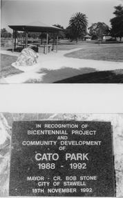 Photograph, Cato Park BBQ Shelter with Tables & a Stone Plaque c 1992 -- 2 Photos