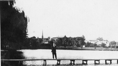 Photograph, Mr R L Browning on the Pier at Cato Lake c 1928