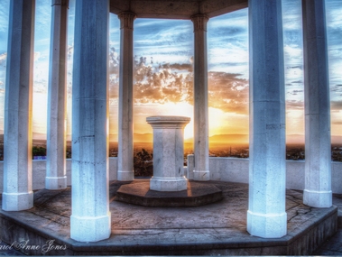 Photograph, Pioneers Memorial on Big Hill -- Sunset through its Columns -- Coloured