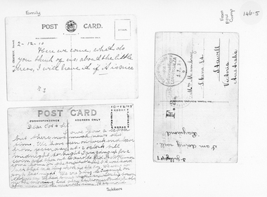 Photograph, Reverse side of three post cards from Membrey Family