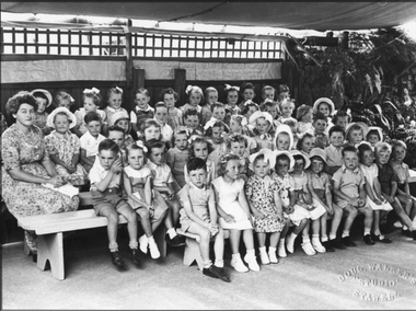 Photograph, Mrs Attrills performing dogs Aussie and Rex with children & adult waiting on the performance