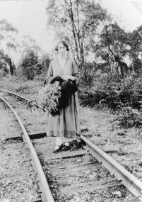 Photograph, Heatherlie Quarry with Miss Margaret Frawley & later Mrs John Alexander Hall on the rail track