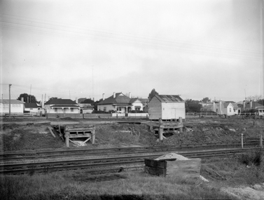Photograph, Railway Yards with loading ramps and weatherboard shed c1960