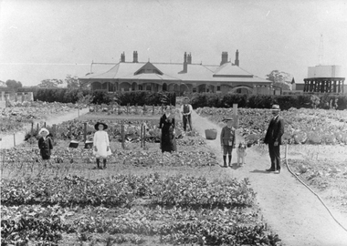 Photograph, Swinton” Homestead in Glenorchy with the large kitchen garden and Mr and Mrs Gray's 3 children