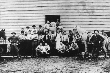 Photograph, "Swinton” Homestead in Glenorchy with workers & horse with a Wool Bale