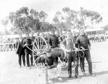 Photograph, Stawell Fire Brigade  -- Demonstration with hose reel and hydrant Murtoa 1915