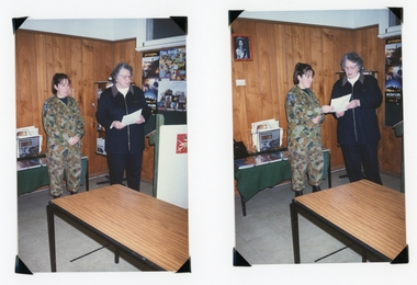 Photograph, Red Cross Vice President Mrs Marion Shirreff presenting certificates of appreciation to cadet Megan Croft 1999