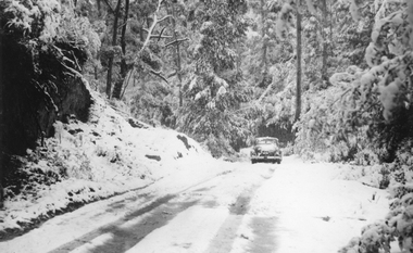 Photograph, Car on the road in the Grampians with Snow 1949