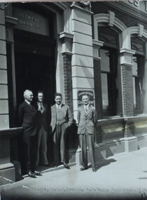 Photograph, State Savings Bank Stawell Branch with four men in suites standing in doorway 1936