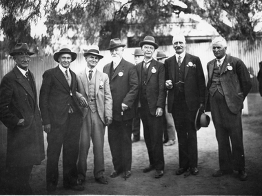 Photograph, "Home to Stawell" -- group of men 1935