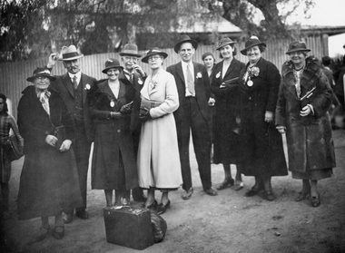 Photograph, "Home to Stawell" -- group males & females 1935