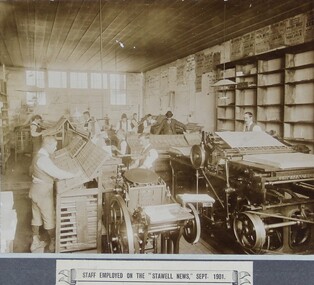 Photograph, Stawell Pleasant Creek Newspaper Staff with typesetting and printing machines in 1901