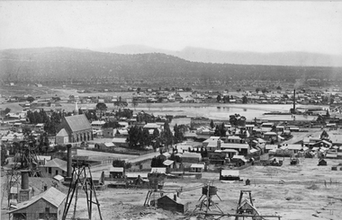 Photograph, Panorama of Stawell with St. Patrick’s Church on left & Poppet Heads in foreground. c 1878