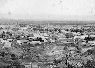 Photograph, Panorama of Stawell from Big Hill showing Mining 1872 & Stawell 1972 from same location -- Christmas Cards with 2 Photos