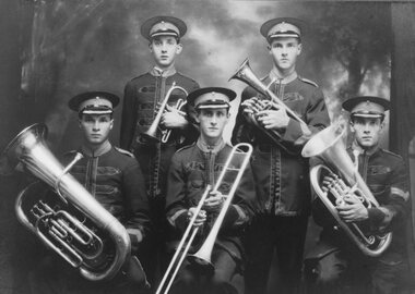 Photograph, Stawell Brass Band members with Mr Albert Holloway front left -- Studio Portrait