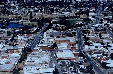 Photograph, Stawell Aerial View showing many of Stawell distinctive buildings 1998 -- Coloured