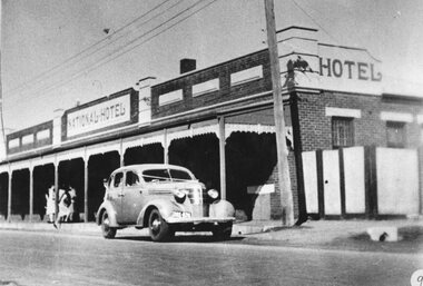 Photograph, National Hotel in Wakeham Street Stawell with a wedding vehicle parked in front c1940