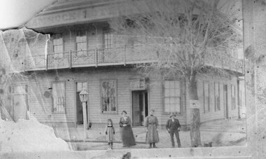 Photograph, Shamrock Hotel on the corner of Seaby & Longfield Streets Stawell West with Mary Jenkins and Agnes Jenkins nee Keegan 1905. Plus a series of related people
