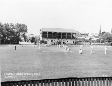 Photograph, Stawell Central Park Sports Oval with Cricketers and No 1 Grandstand