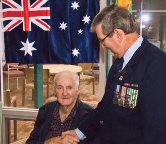 Photograph, Nursing Home Residents Prue Tredgett & Mr Graeme Cox, R.S.L. President in 1 Photo & Mr Ken Heslop & Mr Des Leonard R.S.L.Secretary in the other Photo 2009 -- Coloured
