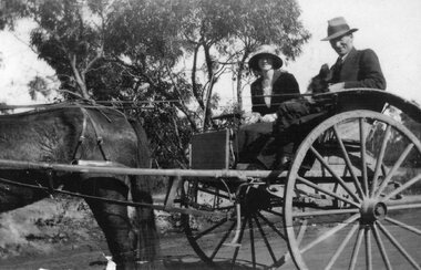 Photograph, Mr John Monaghan & Mrs Katherine Monaghan nee Unknown with horse & cart