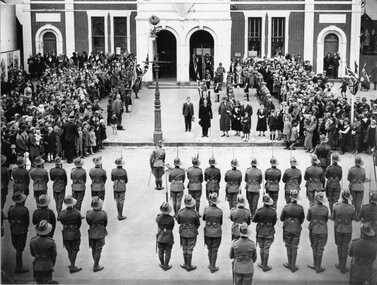 Photograph, Special Occasion at the Town Hall with soldiers on Parade c1935