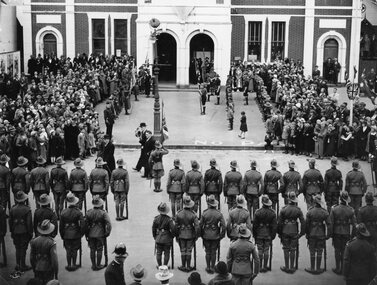 Photograph, Special Occasion at the Town Hall with soldiers on Parade c1935