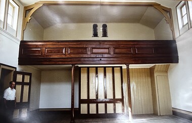 Photograph, Pleasant Creek Court House interior after being refurnished for Stawell Historical Society