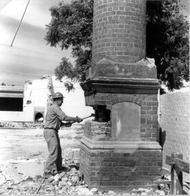 Photograph, Stawell Technical School with Workman preparing for large chimney to be demolished