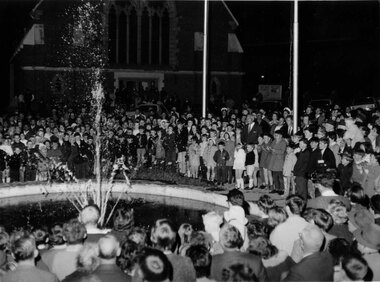 Photograph, Mr John D’Alton Fountain being turned on with the crown watching on 1969