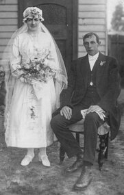 Photograph, Mr David Dunn & Miss Hilda Green Wedding in front of a weatherboard home