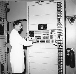 Photograph, Stawell Automatic Telephone Exchange Opening with Officer in charge of works Mr John Hollingsworth of Geelong 1965