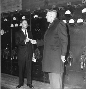 Photograph, Cr K Lawson, Stawell Mayor, receiving a cheque from the SEC at the switching ON of the S.E.C. power supply for Stawell