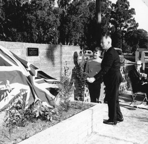 Photograph, Great Western Primary School Centenary with Brigadier G.E.W. Hurley CBE unveiling a plaque set in wall at the school 1967