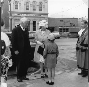 Photograph, Stawell Town Council Centenary with the Governer Sir Rohan Delecombe and Lady Delecombe being presented with flowers & Mayor Cr G.S. Bennett at the right 1970
