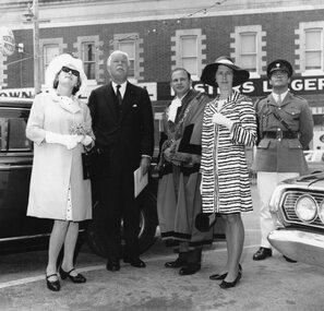 Photograph, Stawell Town Council Centenary with Lady Delecombe, Sir Rohan Delecombe, Mayor Cr G.S. Bennett, Lady Mayoress Mrs Bennett & the Governors Aide watching the town hall clock strike 1970