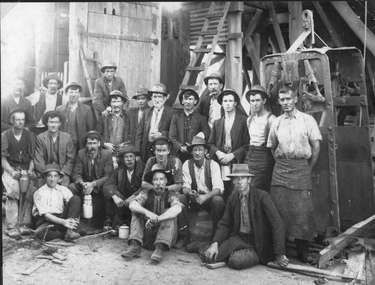 Photograph, Magdala cum Moonlight Mine Workers near lift cage at bottom of poppet head