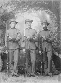 Photograph, Mr Jim Mathers in the centre with 2 Unknown persons in Boer War uniforms c1900 -- Studio Portrait