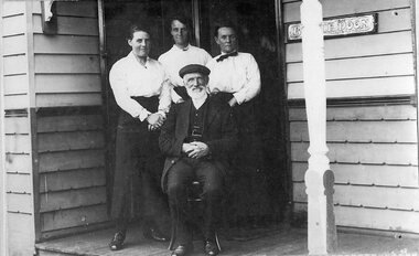 Photograph, Ann Stanton, Jess Mathers, Eliza Stanton with seated Mr James Mathers on the verandah of the house called Bonnie Doon c1900