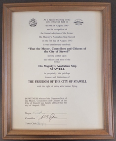 Photograph, H.M.A.S. Stawell's Framed Certificate of Freedom of The City 1993