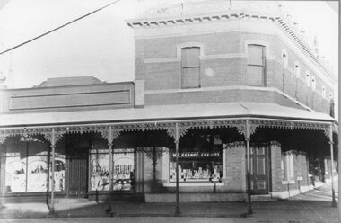 Photograph, Mr W.E. Kernot's Chemist Store on the corner of Main & Wimmera Streets Stawell