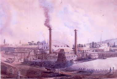 Photograph, Mr Will Rees' Painting of the Grant and Lamont Crushing Plant with the Black Range in the background -- 1 Photo -- Coloured