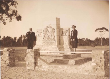 Photograph, Pioneers Memorial at Deep Lead with Mrs M Davidson nee Unknown, the Secretary & Cr D Williams of the Construction Committee 1937