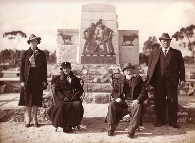 Photograph, Pioneers Memorial at Deep Lead with Mrs M Davidson nee Unknown, Mr Edward Stephens with Mrs Stephens nee Unknown & Cr David Williams 1937