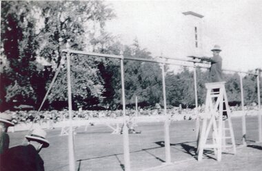 Photograph, Finish Machine Resetting between Heats by the Officials of the Stawell Athletic Club c1930-1940