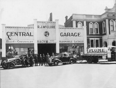 Photograph, Mr R J McClure's Central Garage in Main Street Stawell with Staff 1936