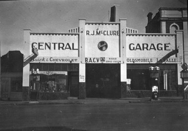 Photograph, Mr R J McClure's Central Garage in Main Street Stawell 1930-1940