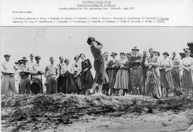 Photograph, Pearl Reeves Teeing Off at the 10th hole of the Stawell Golf Club with other golfers watching on April 1955 -- with names