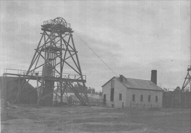 Photograph, Sloane's & Scotchmans Mining Co Poppet head and winding machine house. 1899